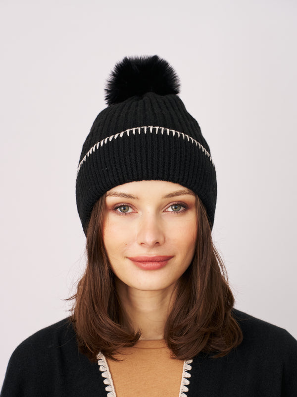 RIBBED POMPOM BEANIE - BLACK/IVORY