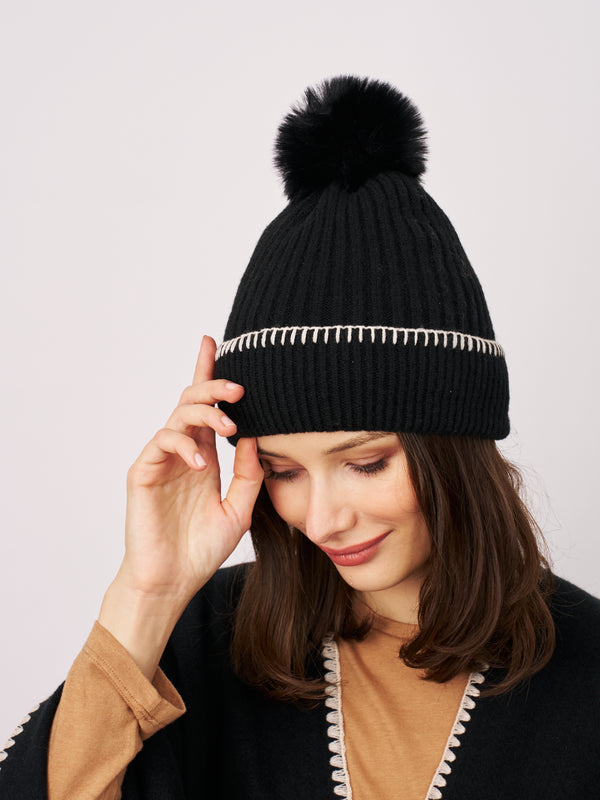 RIBBED POMPOM BEANIE - BLACK/IVORY