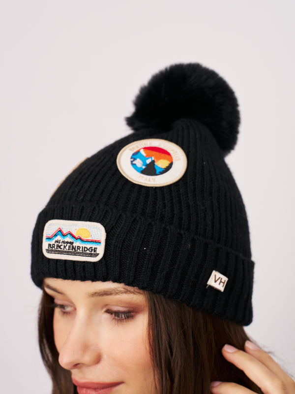 RIBBED POMPOM BEANIE WITH SWISS ALP PATCH - BLACK