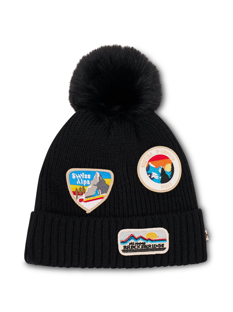 RIBBED POMPOM BEANIE WITH SWISS ALP PATCH - BLACK