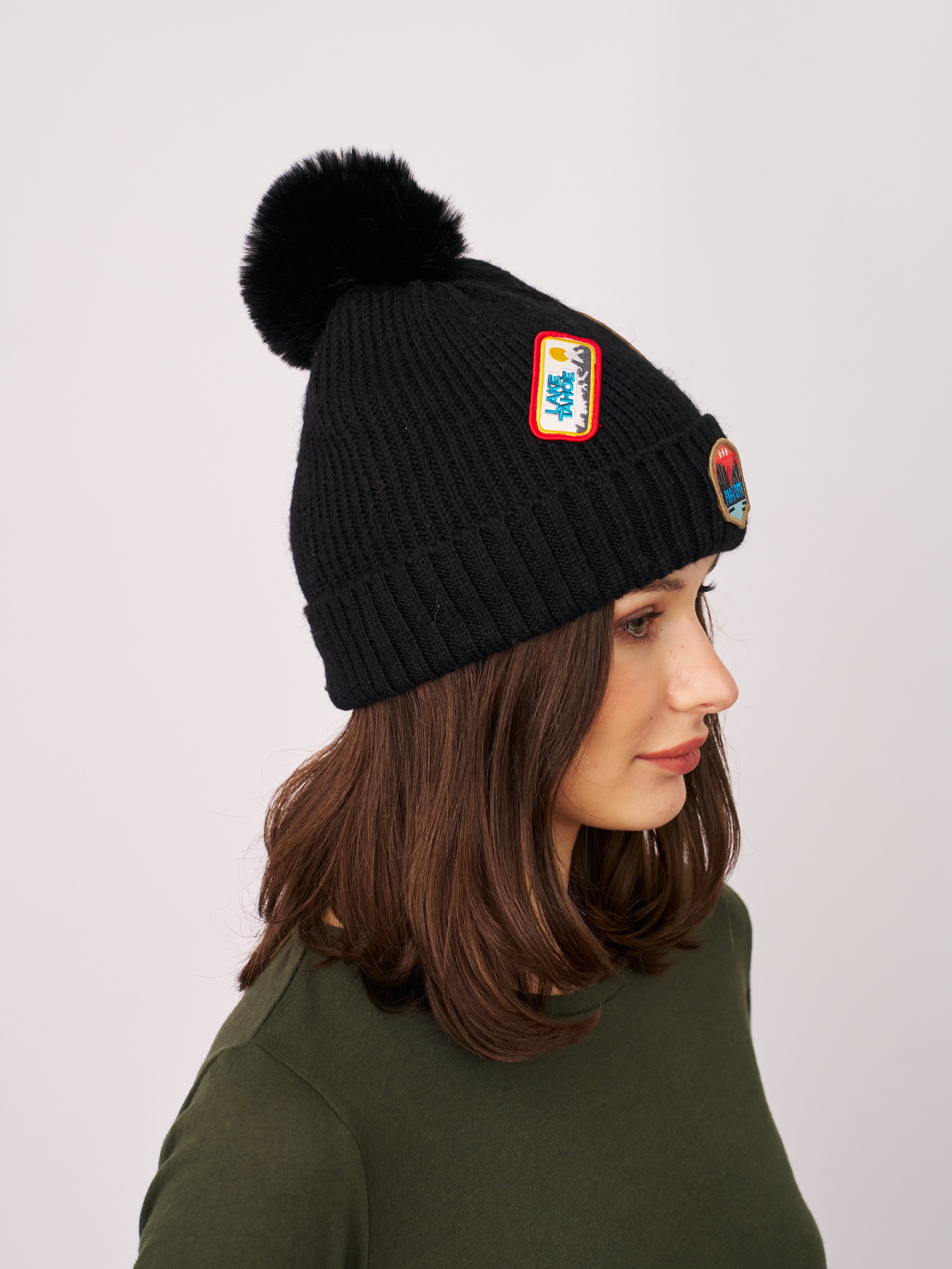 RIBBED POMPOM BEANIE WITH LAKE TAHOE PATCH - BLACK