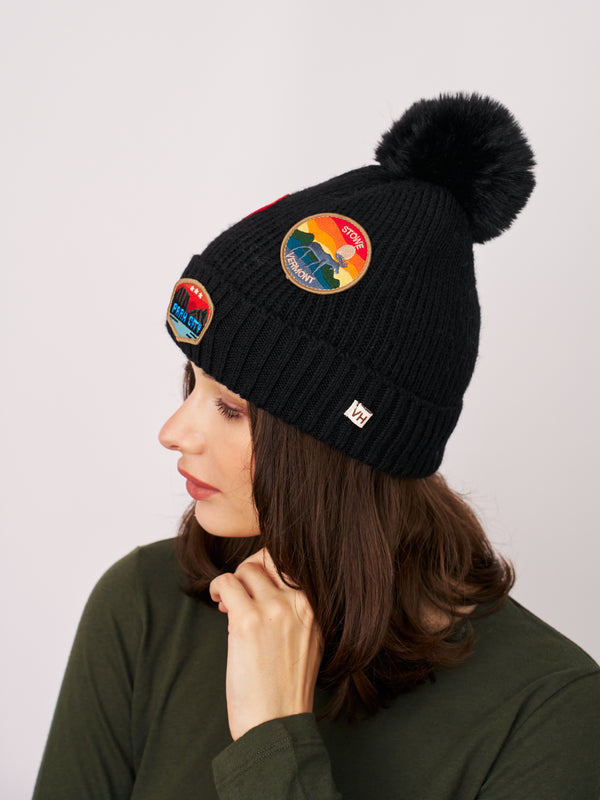 RIBBED POMPOM BEANIE WITH LAKE TAHOE PATCH - BLACK