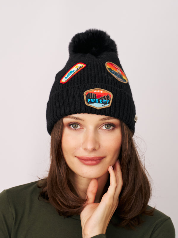 RIBBED POMPOM BEANIE WITH LAKE TAHOE PATCH - BLACK