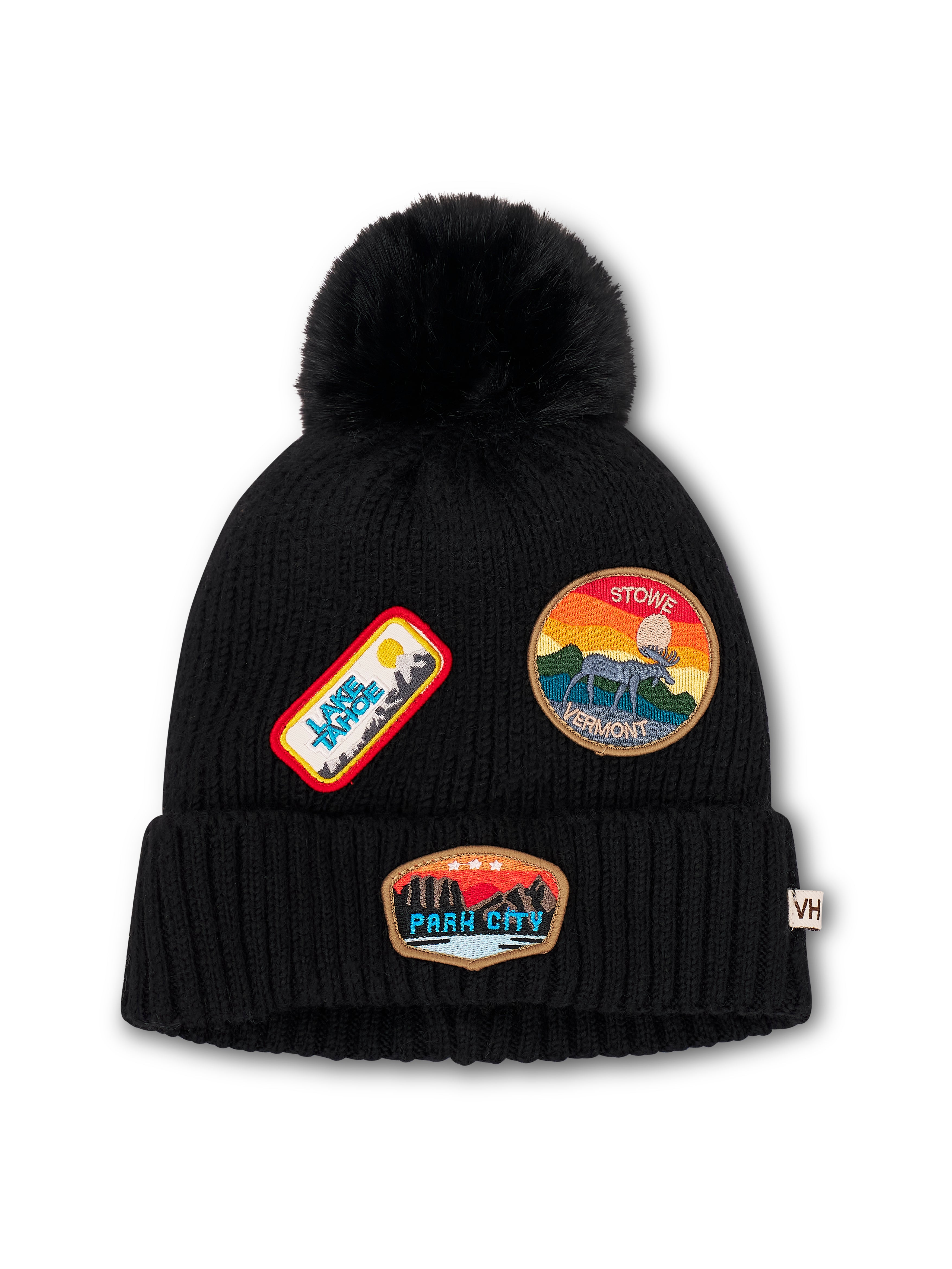RIBBED POMPOM BEANIE WITH LAKE TAHOE PATCH - BLACK