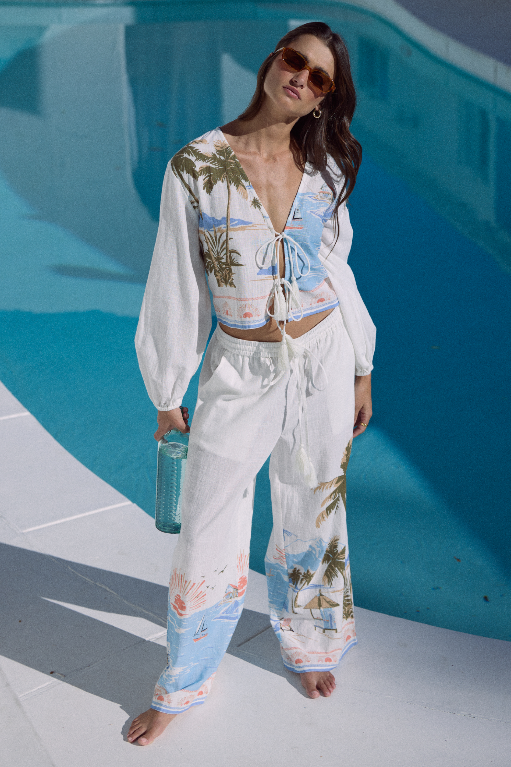 Printed Linen Long Sleeve Tie Top