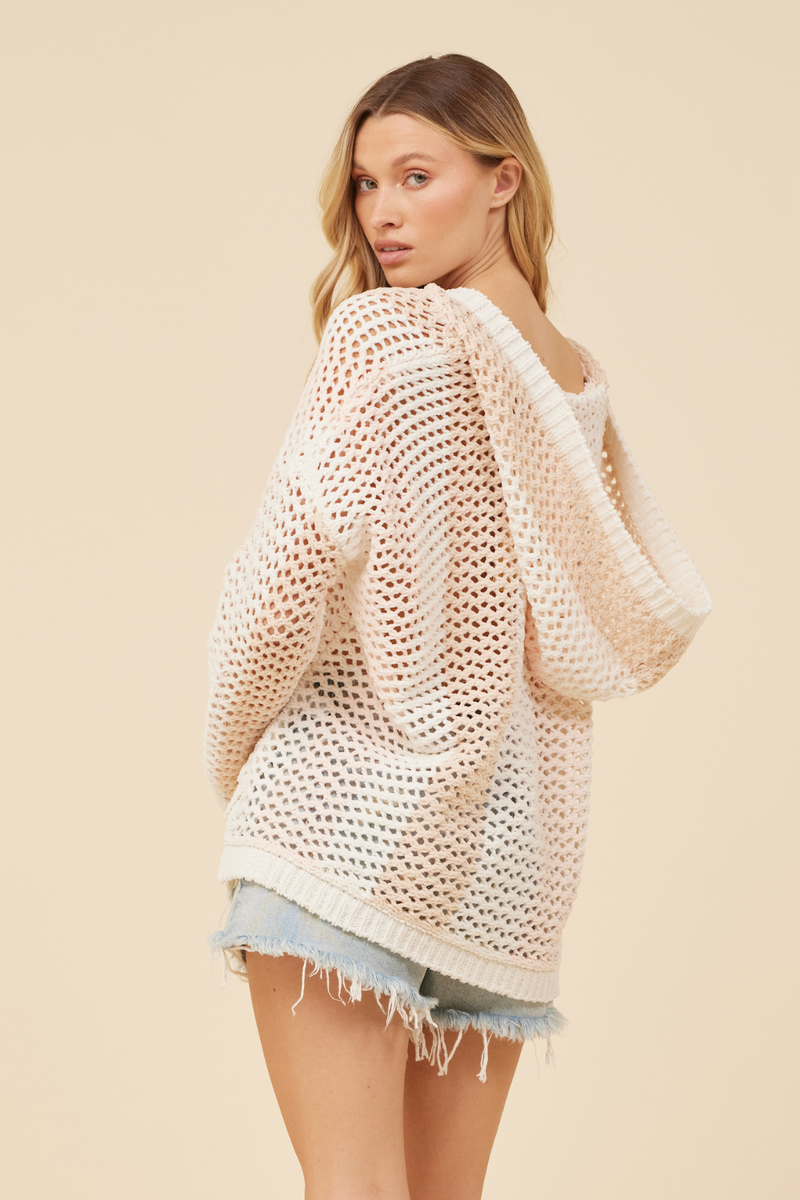White/ Tan/ Peach Stripe Netted Hoodie w/ Lace Up