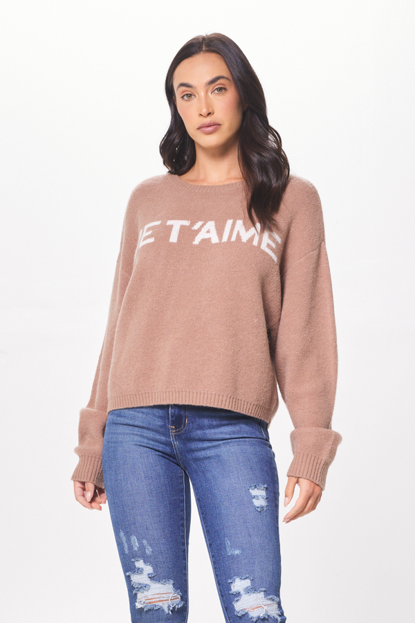 Mocha w/ Ivory "Je t'aime" Jacquard Crewneck Sweater