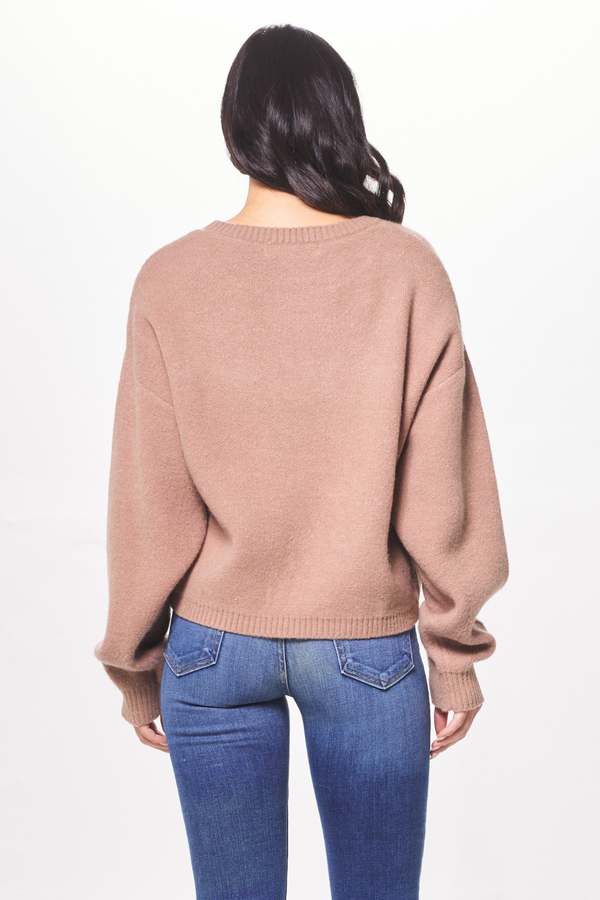 Mocha w/ Ivory "Je t'aime" Jacquard Crewneck Sweater