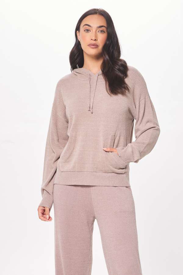 Latte Taupe Plush Knit Pullover Hoodie