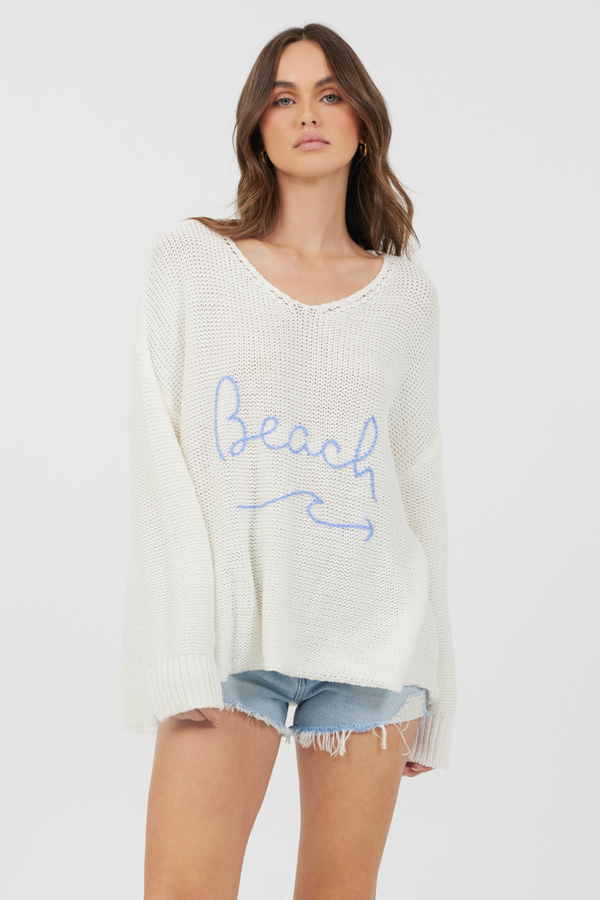 Warm White & Blue "Beach" Embroidered V-Neck Sweater