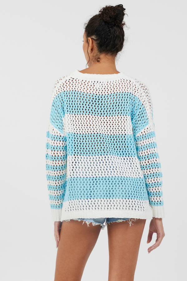 Tropical Turquoise Striped Netted Crewneck