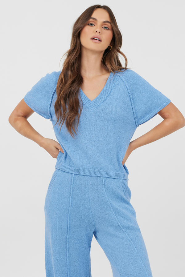 Hightide Blue Relaxed Rib Knit Top
