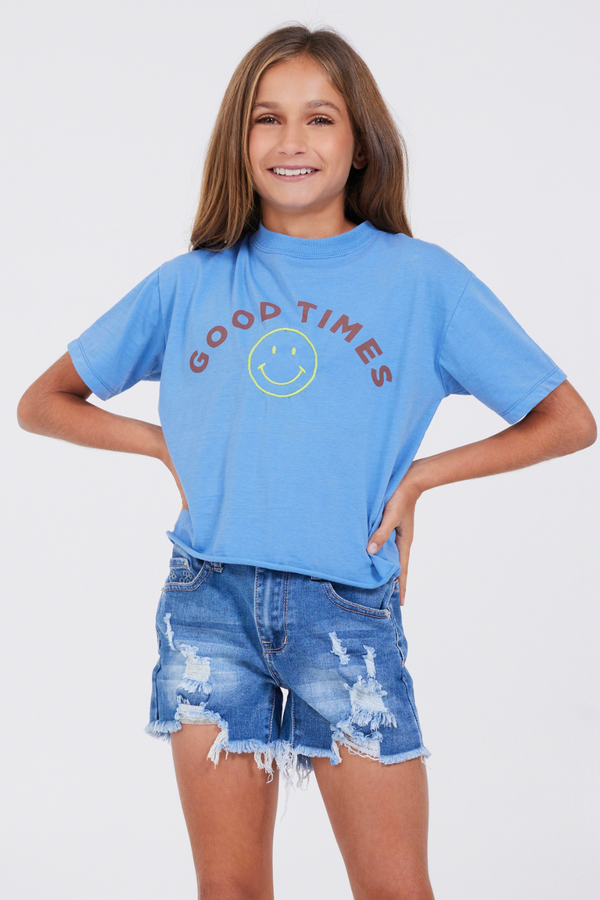 Sapphire Blue "Good Times" Stitch Smiley Tee