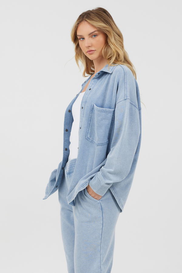 Washed Denim Terry Fleece Button Up