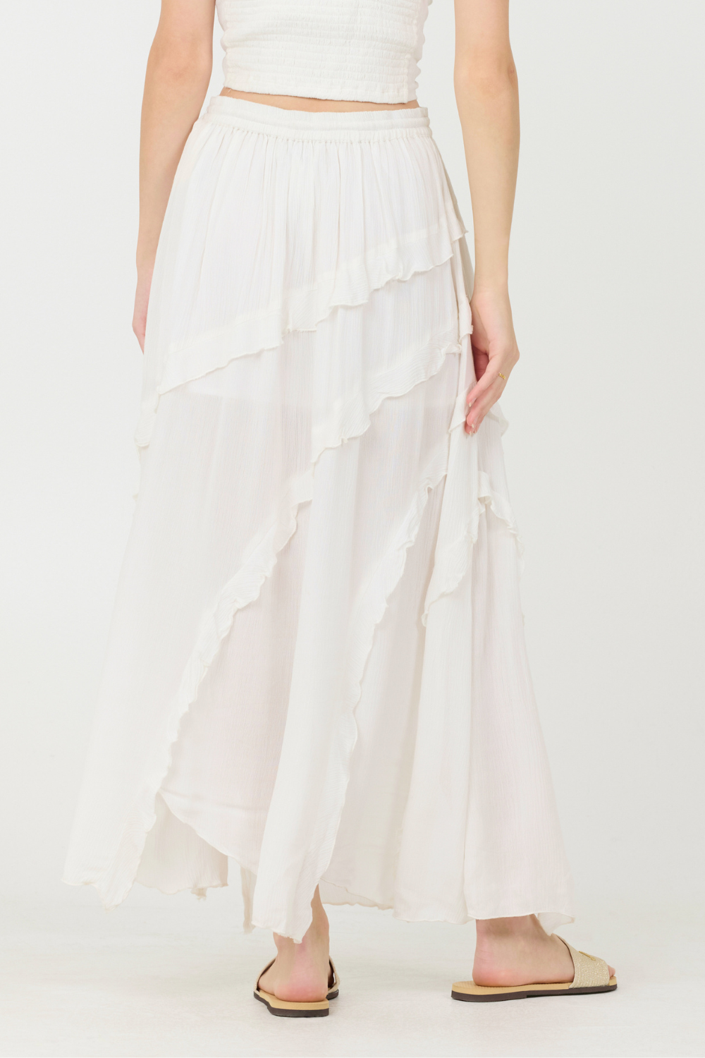 Clean White Rayon Crinkle Ruffle Maxi Skirt