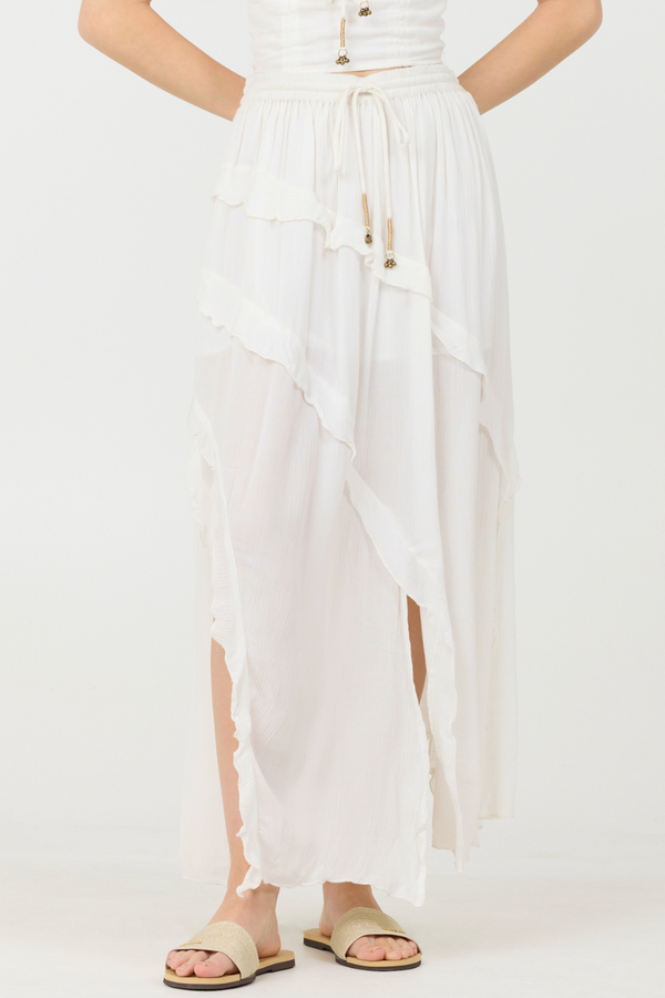 Clean White Rayon Crinkle Ruffle Maxi Skirt