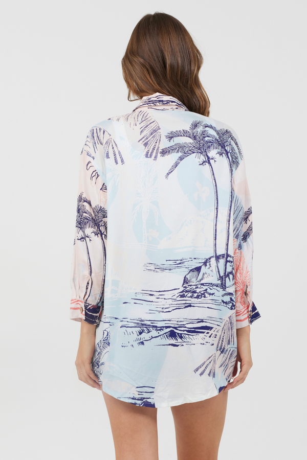 Blue & Pink Scenic Print Placement Shirt Dress