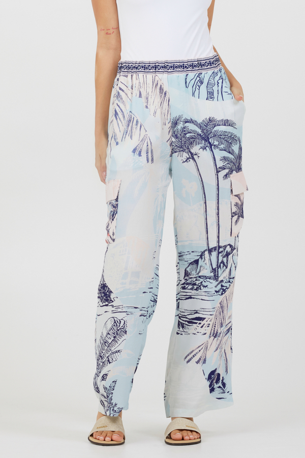 Blue & Pink Scenic Print Placement Pants