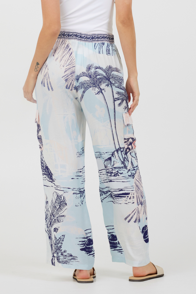Blue & Pink Scenic Print Placement Pants