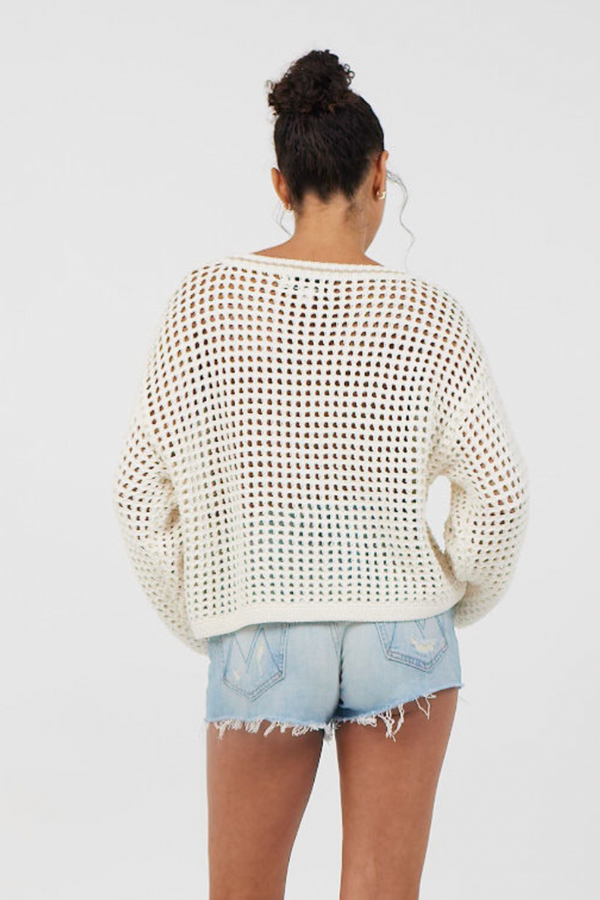 White & Tan Netted Graphic "Beach" Sweater