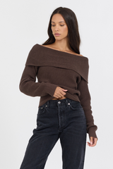 Espresso Off ShoulderBack Zip Sweater