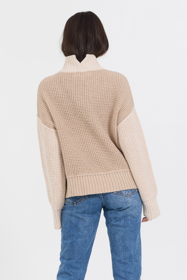 Oatmeal/Brown Sugar Combo Mockneck Two Tone Sweater