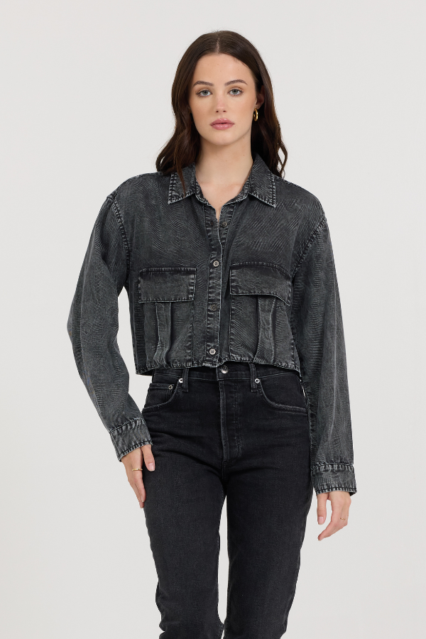 Washed Black Cropped Pocket Detail Shirt