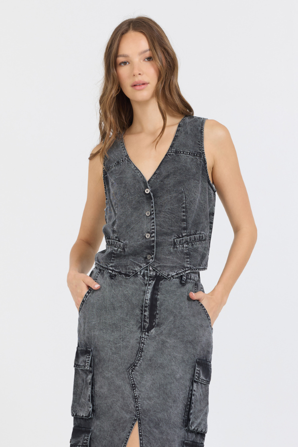 Washed Black Twill Button Front Vest Top