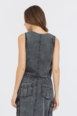 Washed Black Twill Button Front Vest Top