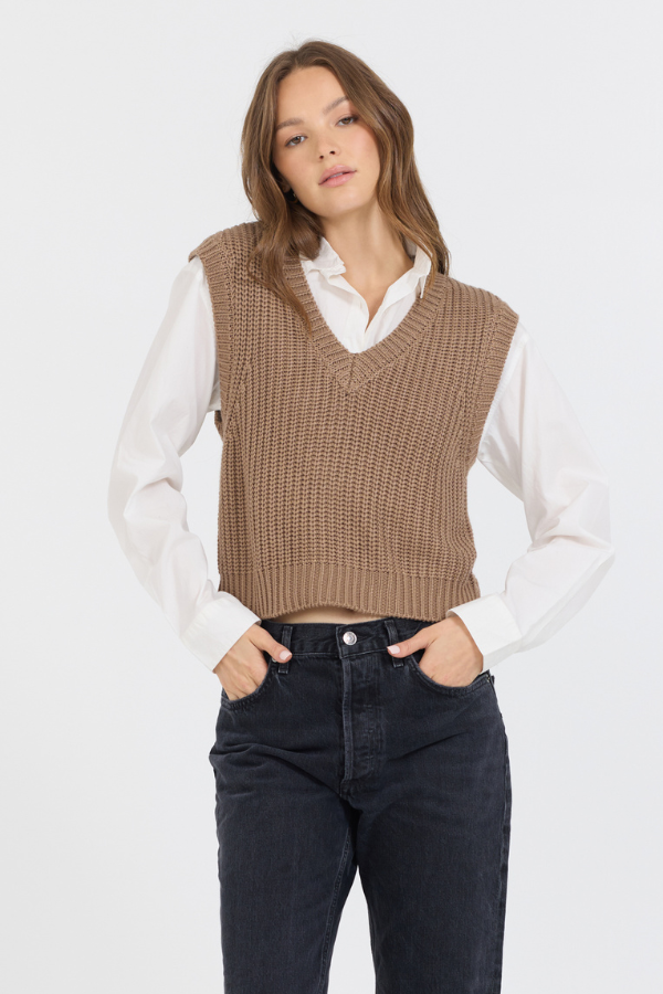 Toffee W/ White Twofer Cropped Sweater Vest