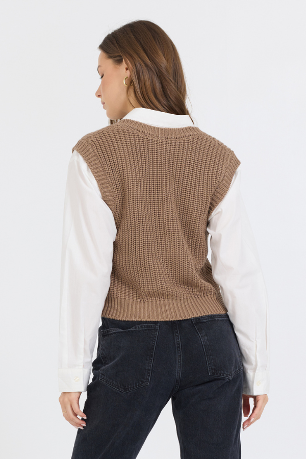 Toffee W/ White Twofer Cropped Sweater Vest