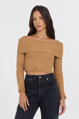 Caramel Distressed Off Shoulder Sweater