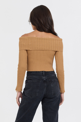 Caramel Distressed Off Shoulder Sweater