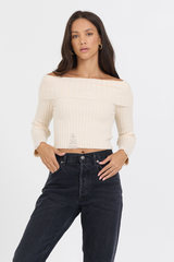 Ivory Distressed Off Shoulder Sweater