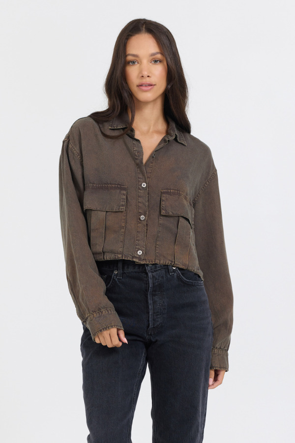 Brown Cropped Pocket Detail Shirt