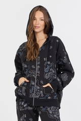 Black Bandana Printed Fleece Oversized Zip Up