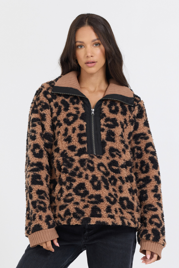 Leopard Print Sherpa Quarter Zip