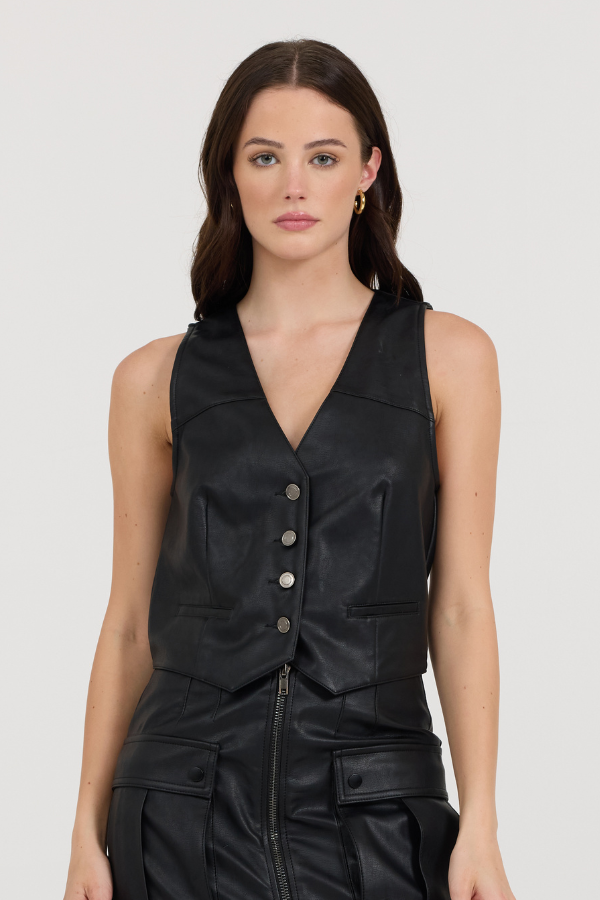 Black Leather Button Front Vest