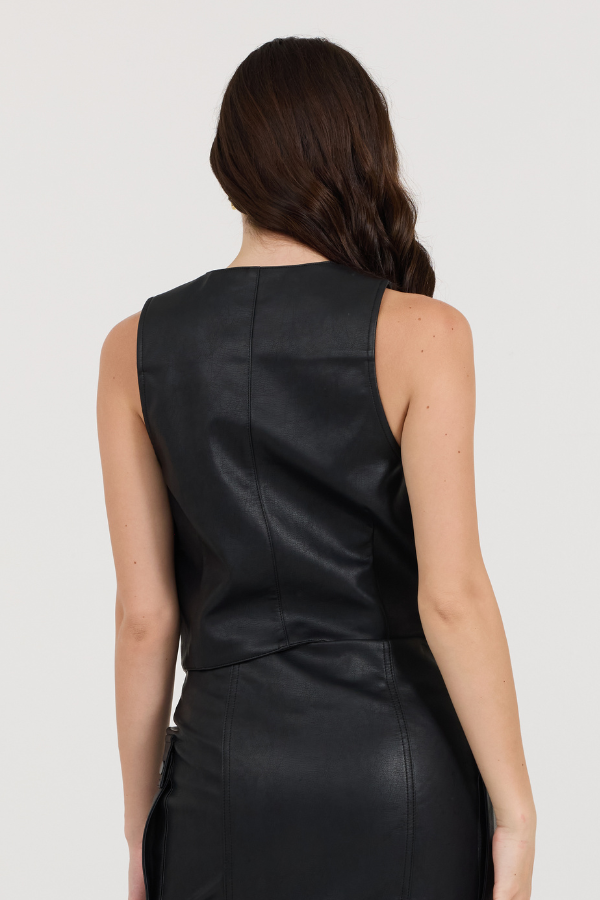 Black Leather Button Front Vest