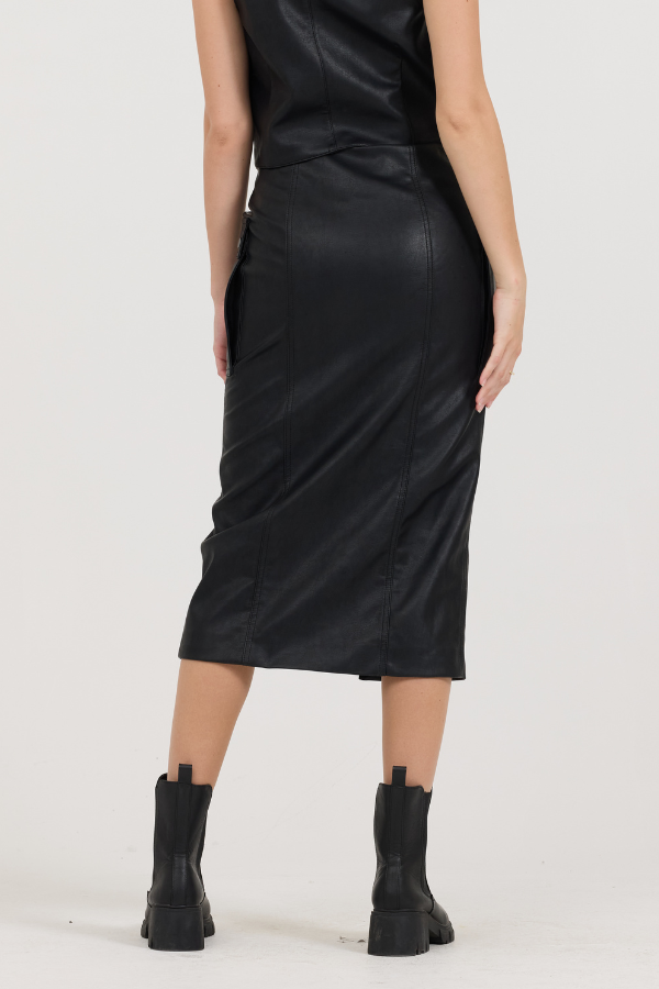 Black leather Zip Front Midi Skirt