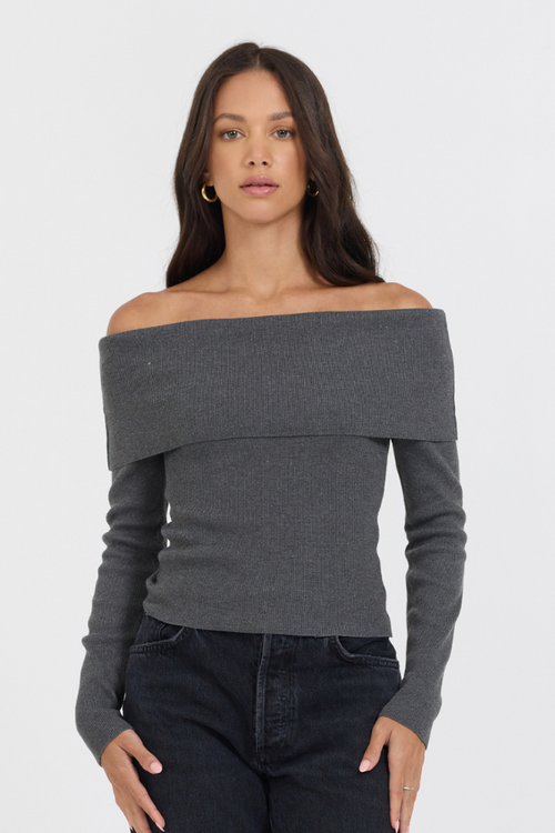Vintage Havana Heather Charcoal Off Shoulder Sweater main image 0