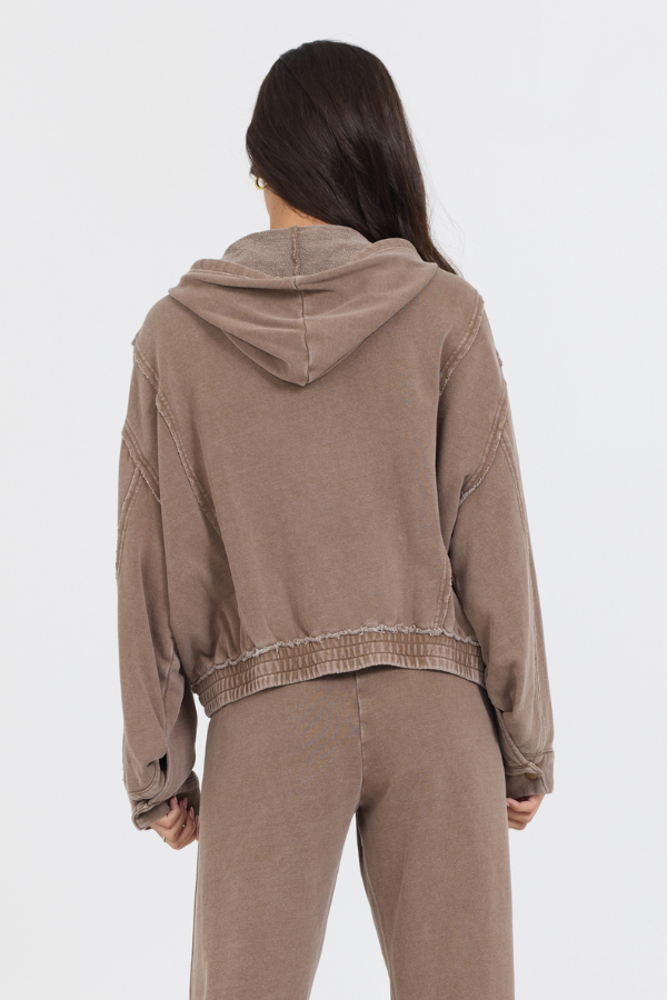 Washed Mocha Garment Dye French Terry Zip Up Hoodie