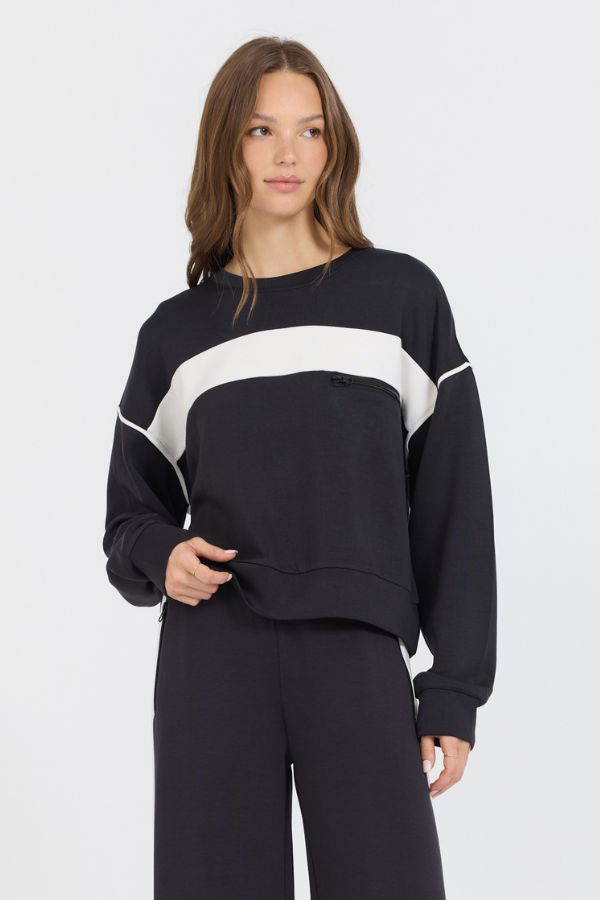 Black/ White Colorblock Cloud Fleece Crew