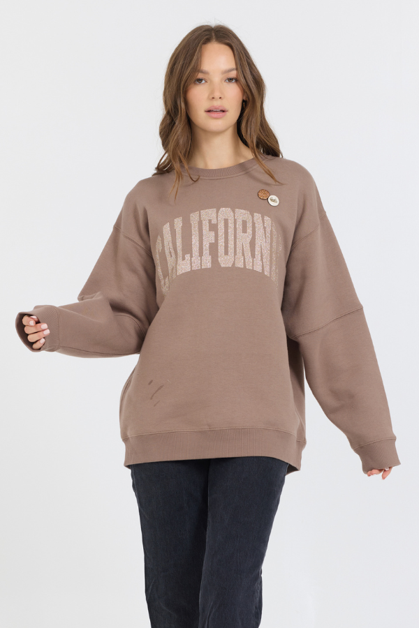 Taupe W/ Rose Gold Garment Dye Fleece Crew W/ Glitter Print