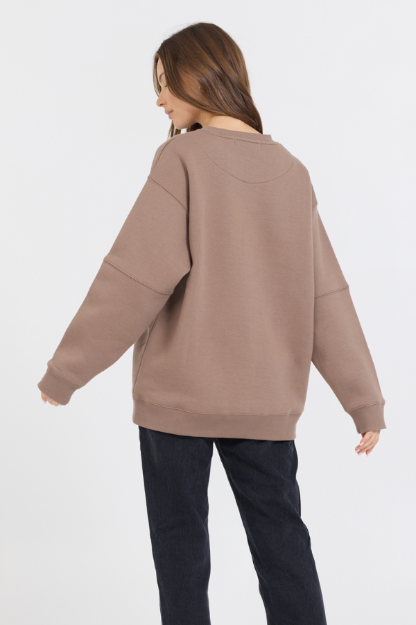 Taupe W/ Rose Gold Garment Dye Fleece Crew W/ Glitter Print