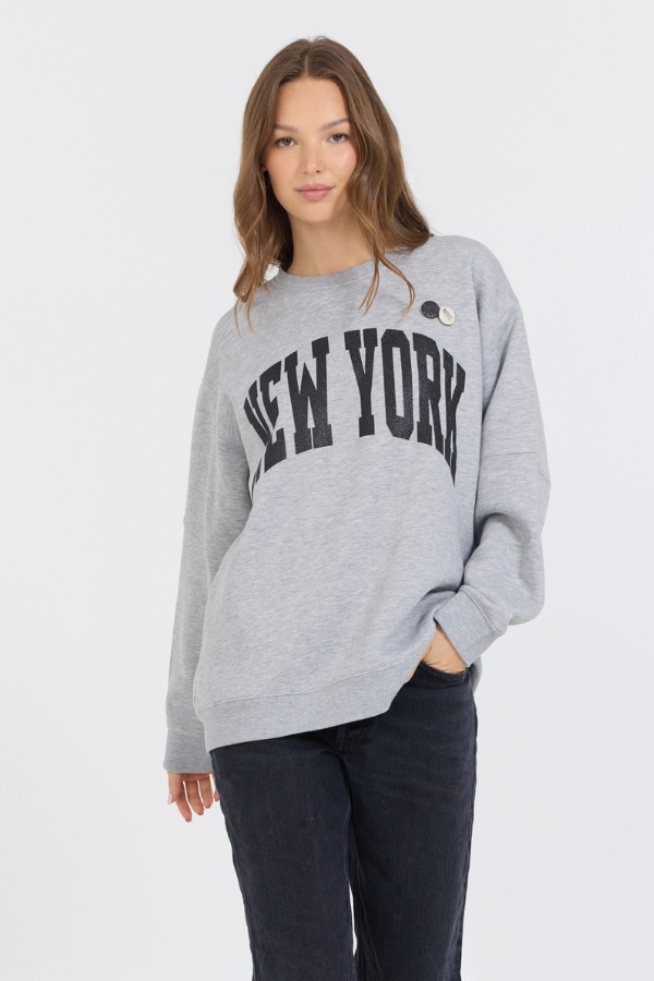 Heather Grey W/ Black Garment Dye Fleece Crew W/ Glitter Print