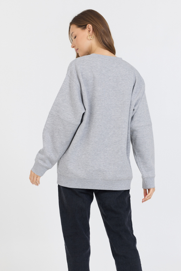 Heather Grey W/ Black Garment Dye Fleece Crew W/ Glitter Print