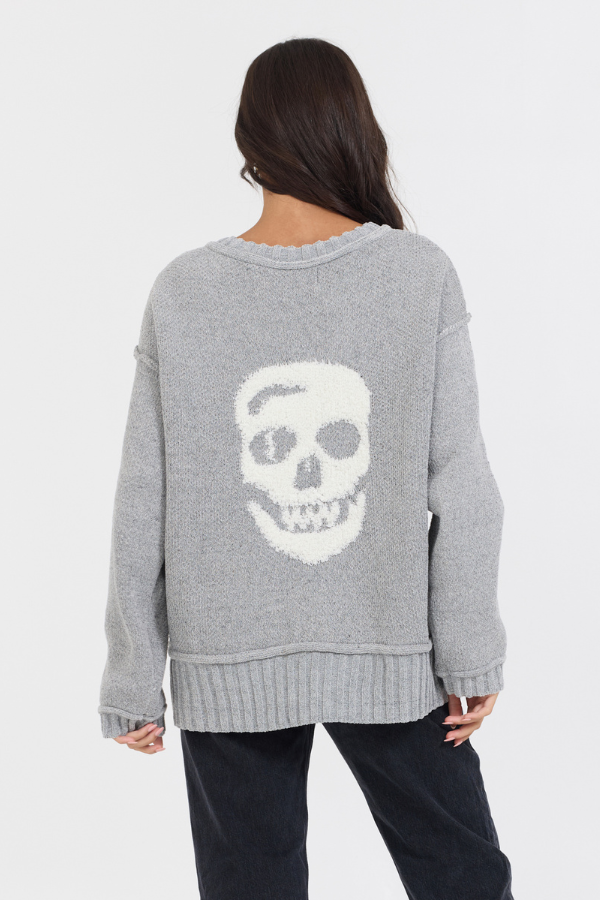 Heather Grey W/ Ivory Jacquard Knit Skull Sweater