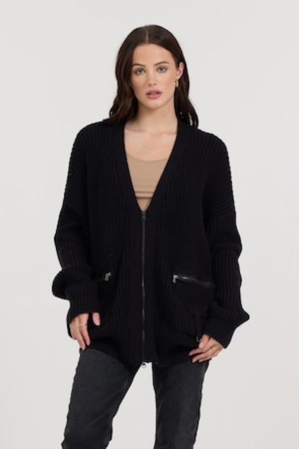 Black Long Zip Front Utility Cardigan