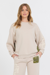 Neutral Taupe/ Olive/ Tan Bandana Patch Crewneck